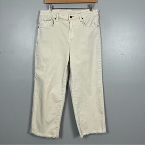 Chico’s ivory High Rise Straight Leg Crop raw hem jeans, size 12.